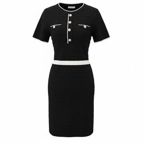 NWT Ellen Tracy Black Textured Knit Sheath Dress Pearl Buttons Size S